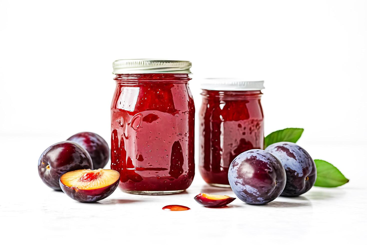 Homemade Plum Jam in Glass Jars with Fresh Plums photo