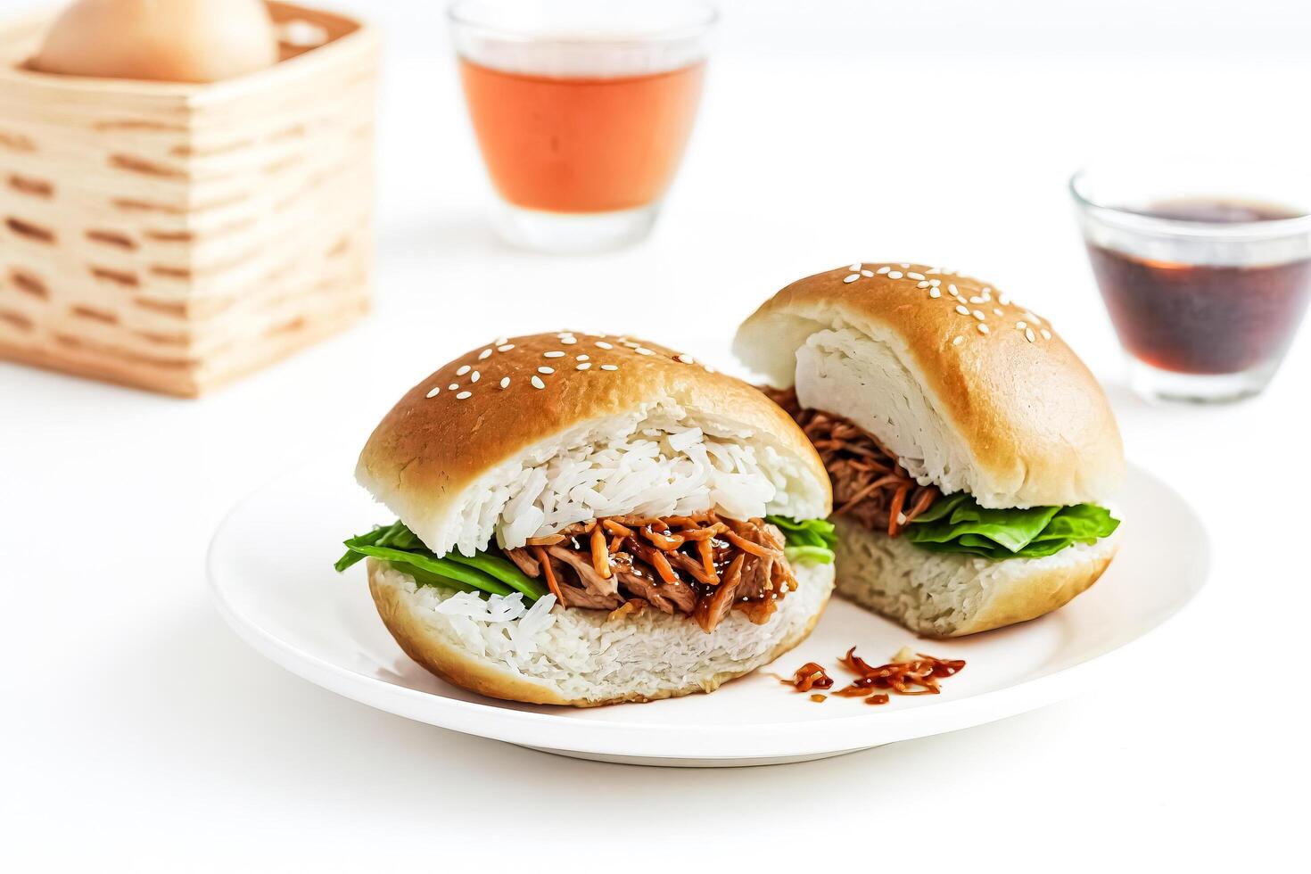 Closeup of two Asian-style sliders with rice, meat, and lettuce on a white plate photo
