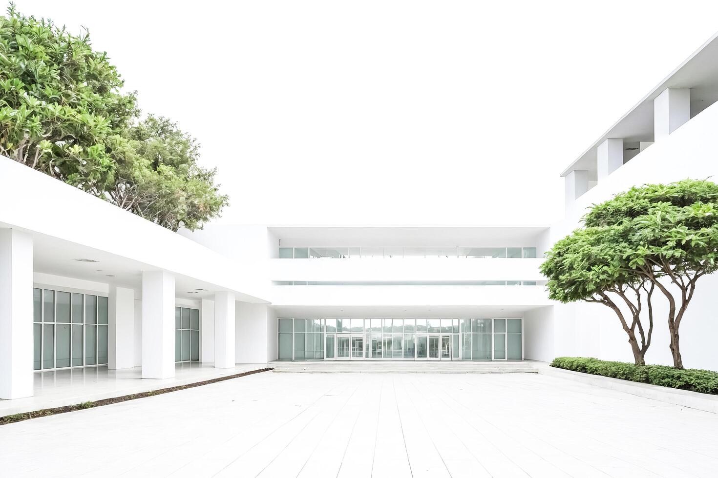 Modern White Building With Large Windows and Green Trees photo