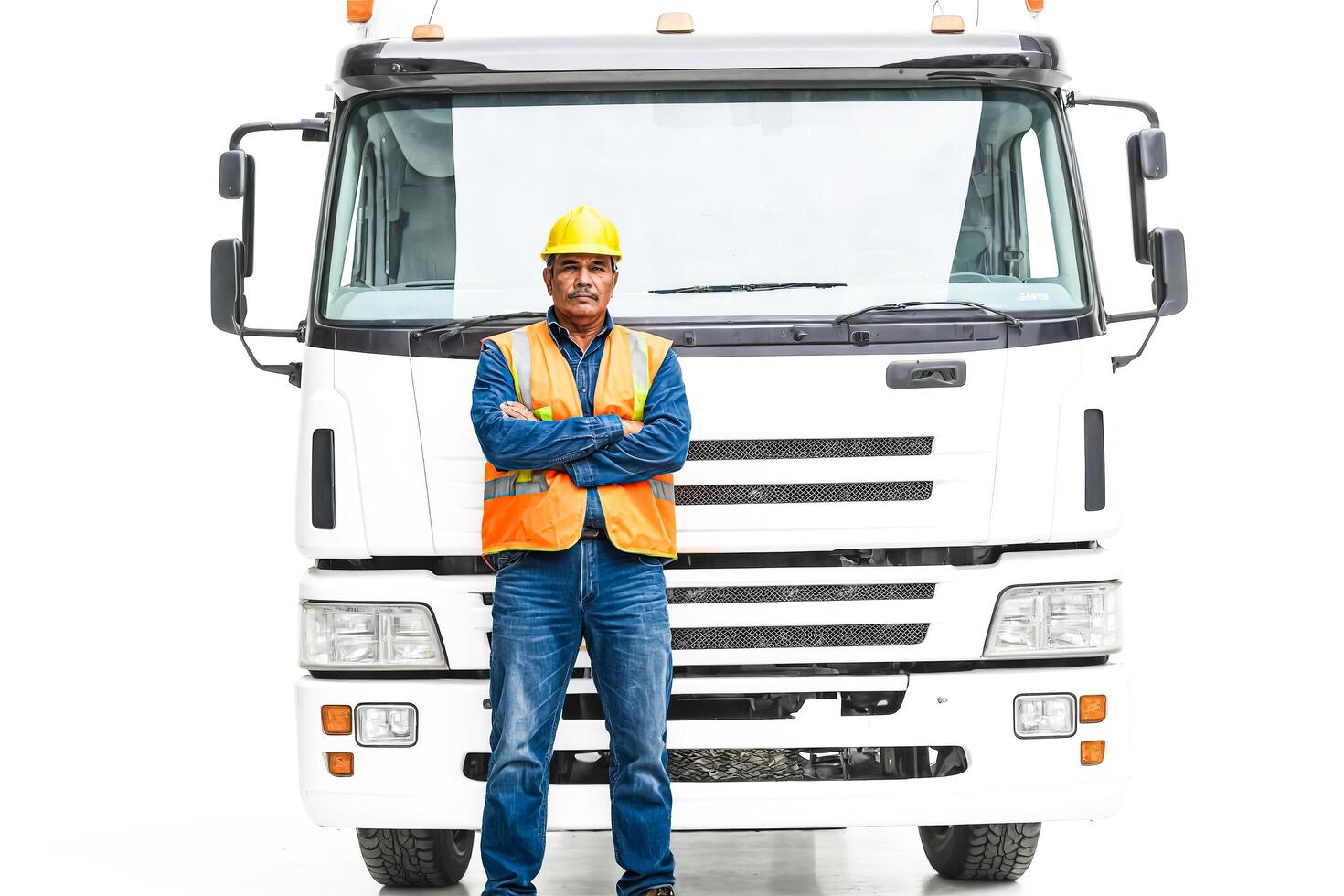 Portrait of a Truck Driver Standing Proudly in Front of His Truck photo
