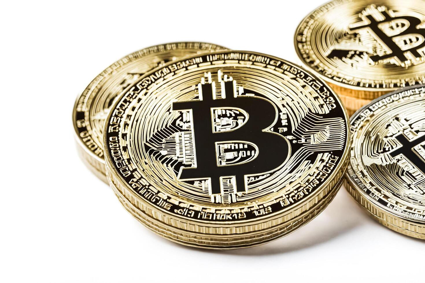 Close up of a stack of gold Bitcoin coins photo