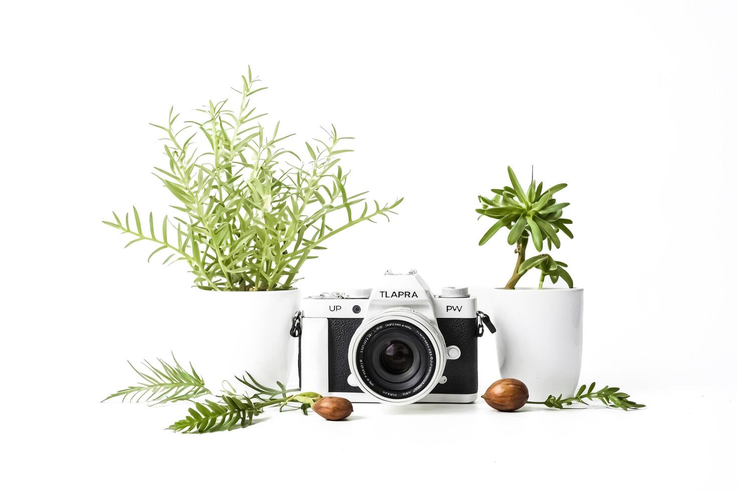 White Camera with Plants on White Background photo