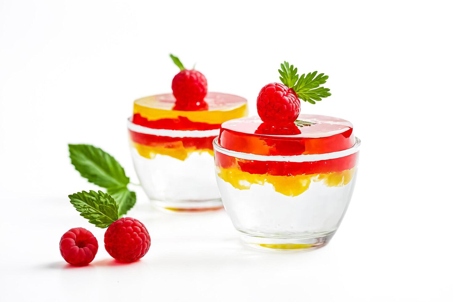 Raspberry and Mango Jelly Dessert in Glass photo