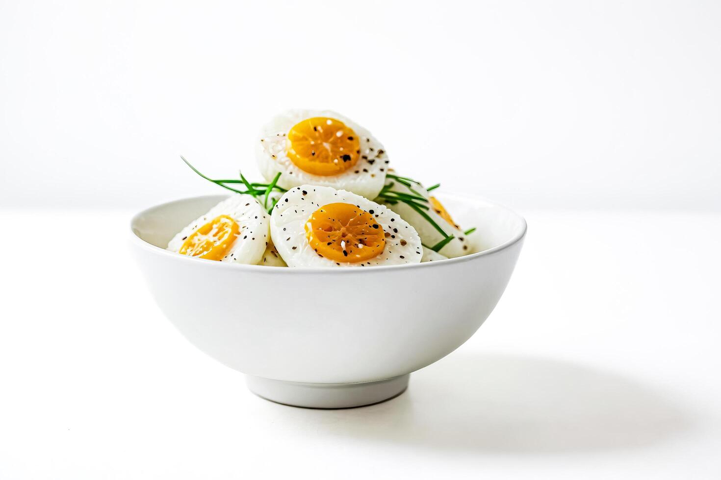 Boiled Eggs with Black Pepper and Chives in a White Bowl photo