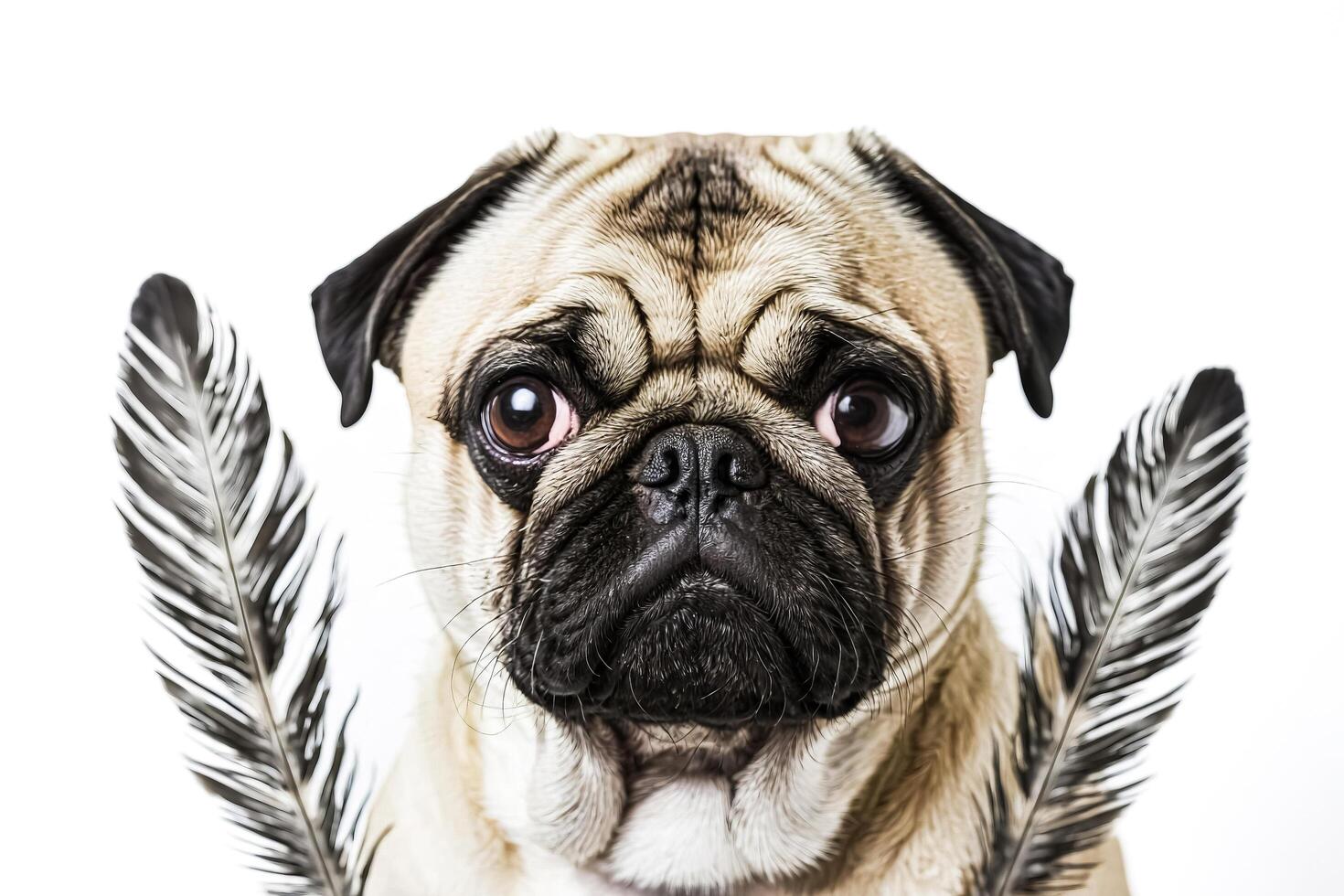 Close Up Of A Pug With Feathers On Either Side Of Its Face photo
