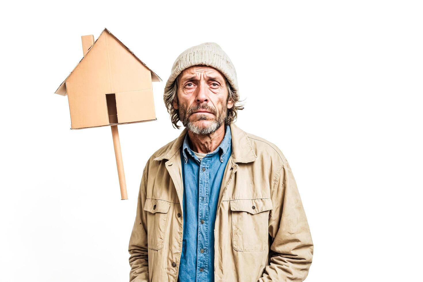 Sad man with cardboard house photo