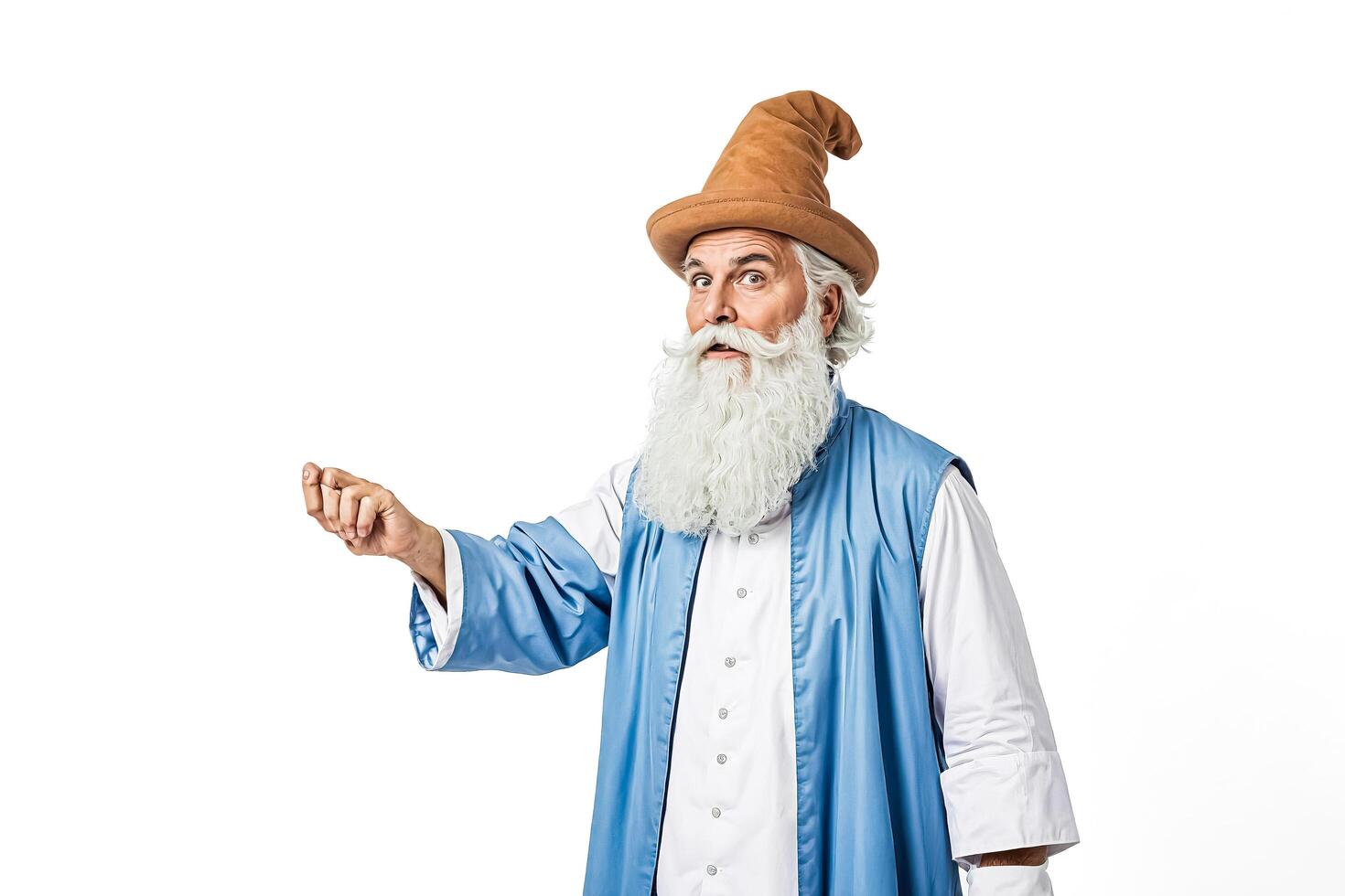 Senior man in a wizard hat points to the left photo