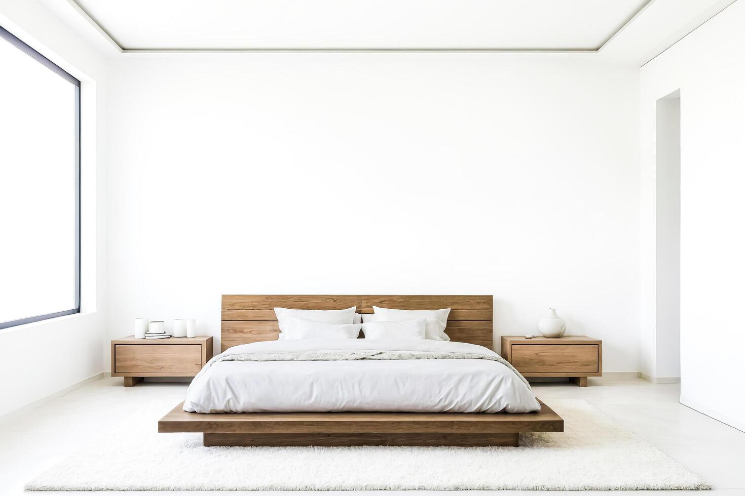 Minimalist bedroom with wooden bed and white rug photo