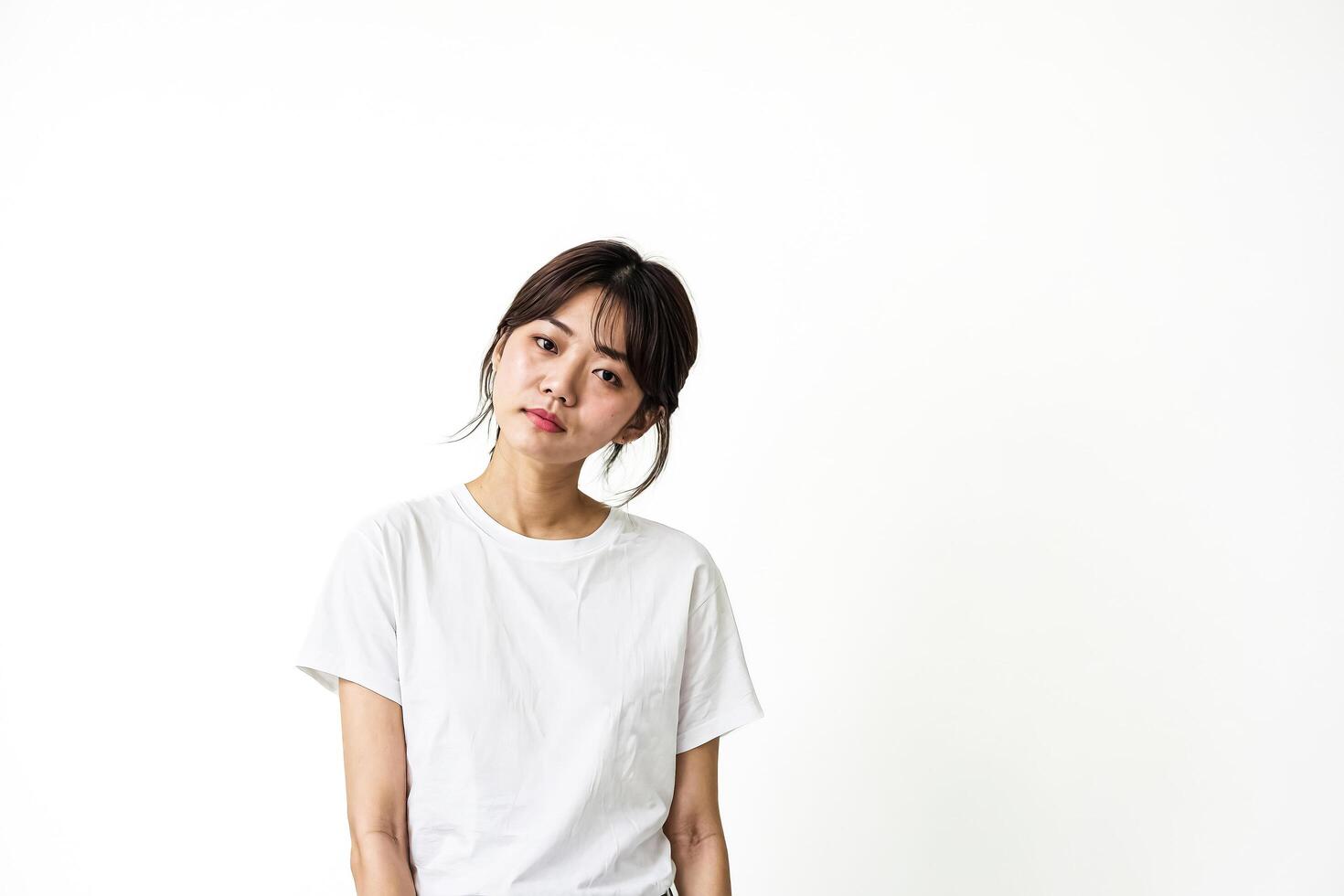 Young Woman Wearing White T-Shirt Against White Background photo