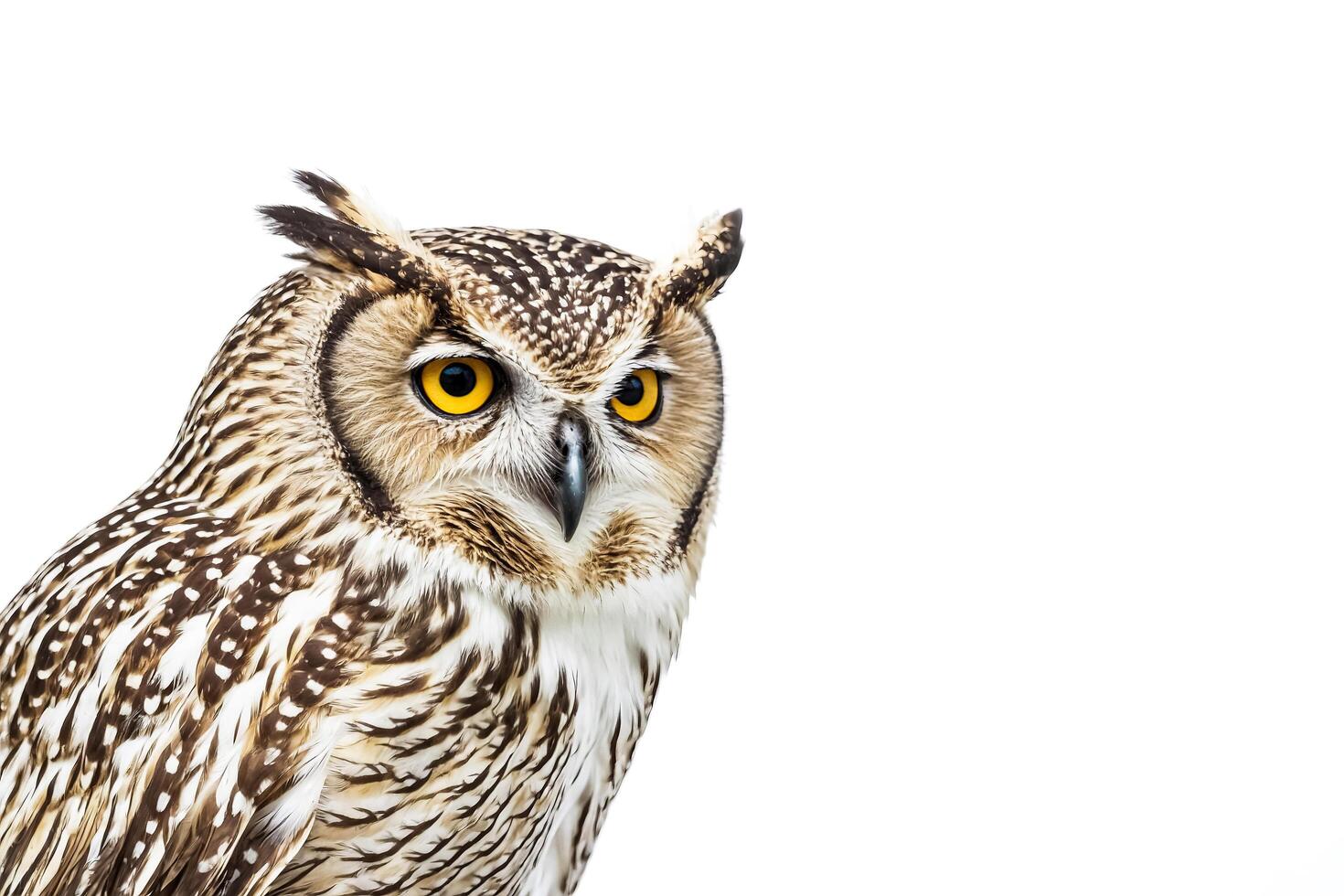 Close Up of an Owl's Face Against a White Background photo