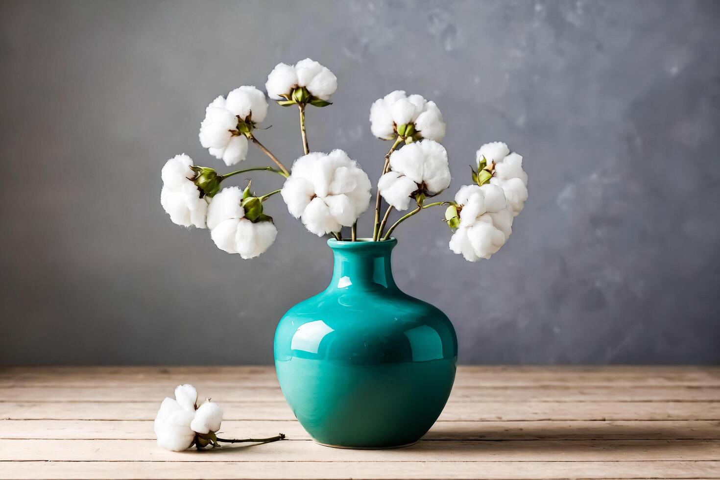 White Cotton Flowers in a Teal Vase on a Wooden Table photo