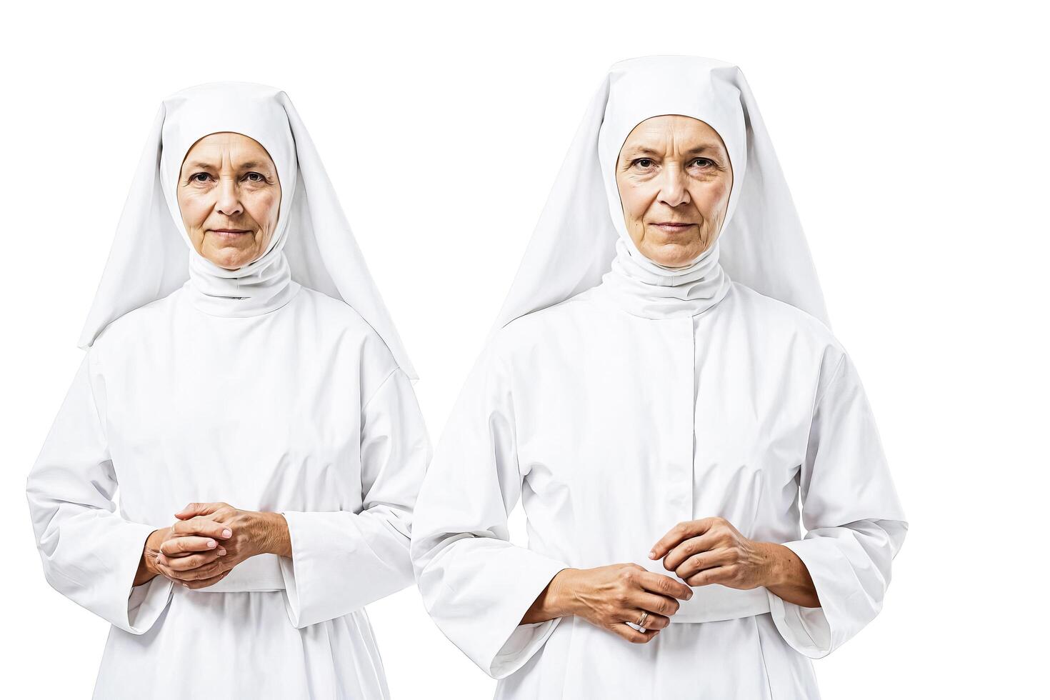 Two nuns in white habits standing side by side photo