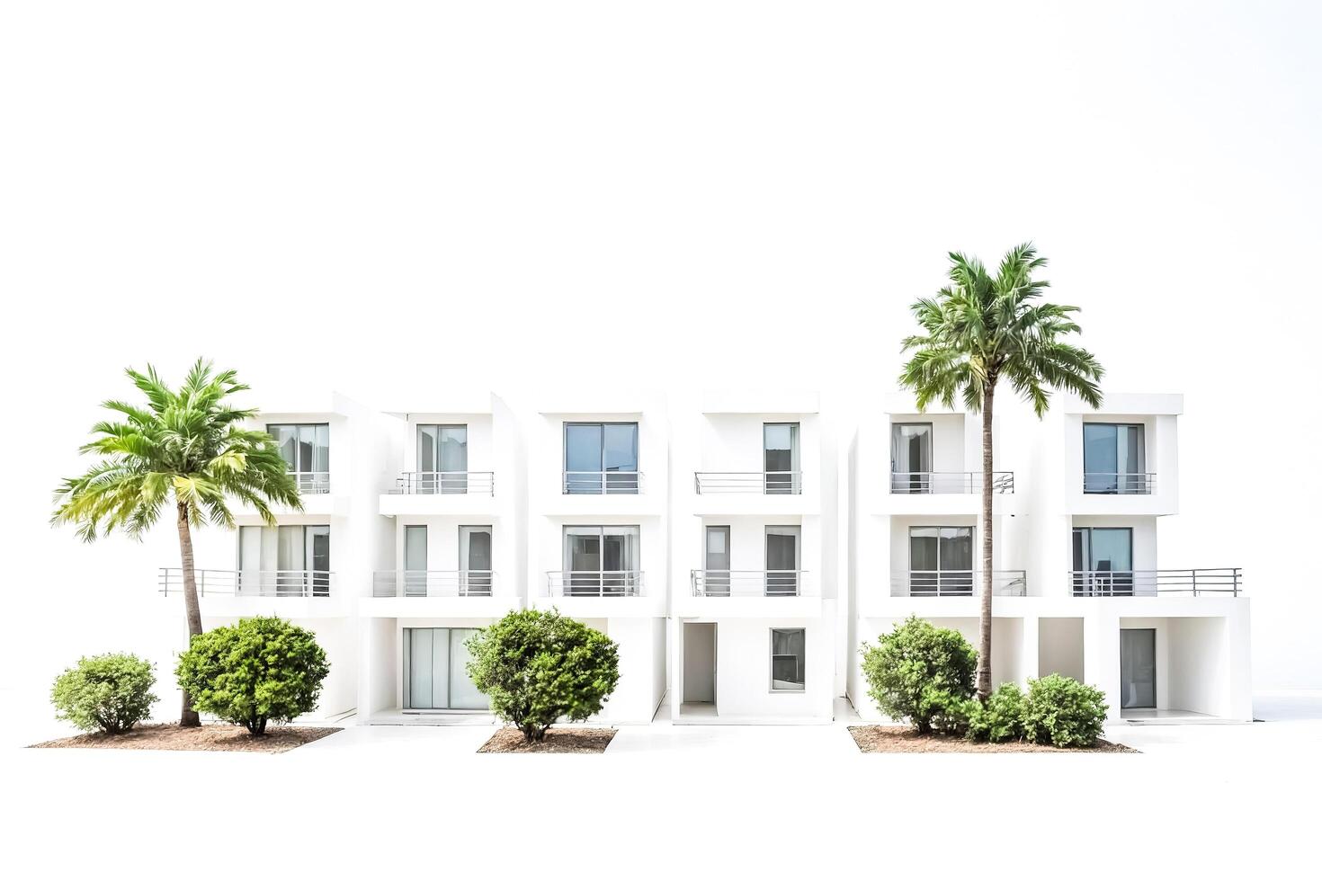 White Minimalist Building with Palm Trees and Greenery photo