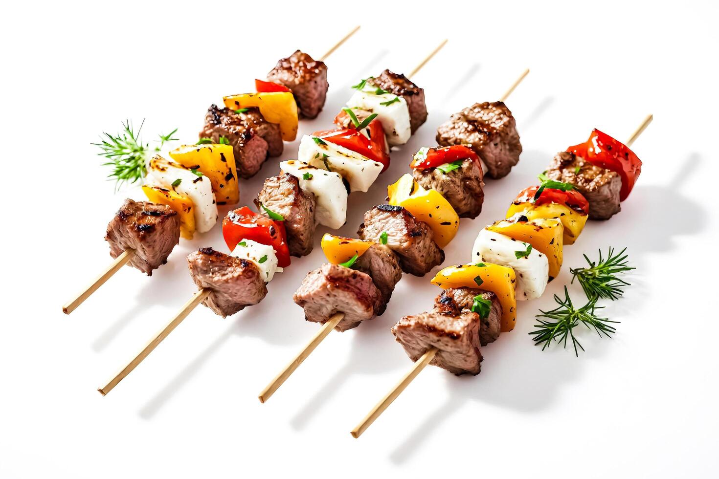 Grilled Skewers with Bell Peppers, Mozzarella, and Meat photo