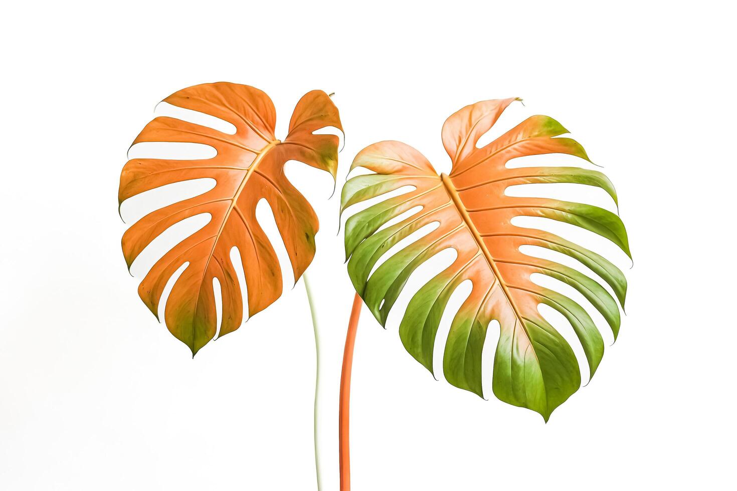 Monstera Deliciosa Leaf with Orange and Green Tones Isolated on White Background photo