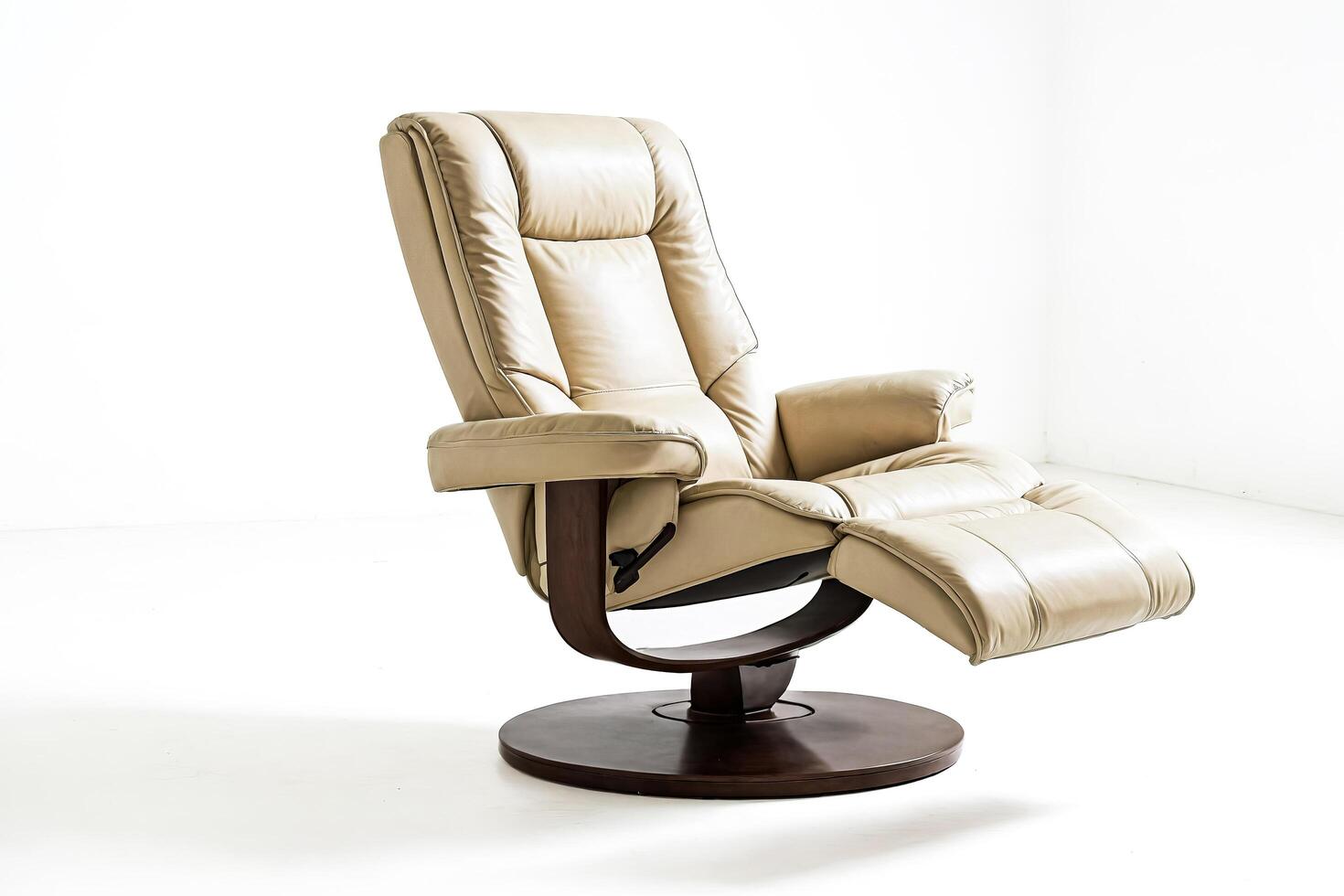 Beige Leather Recliner Chair with Wooden Base photo