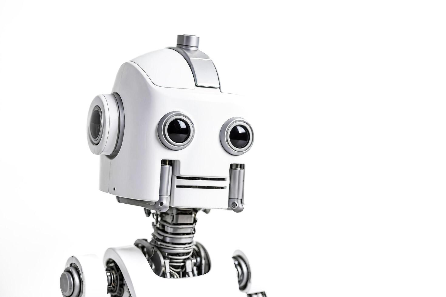 White robot head with round eyes looking at camera photo