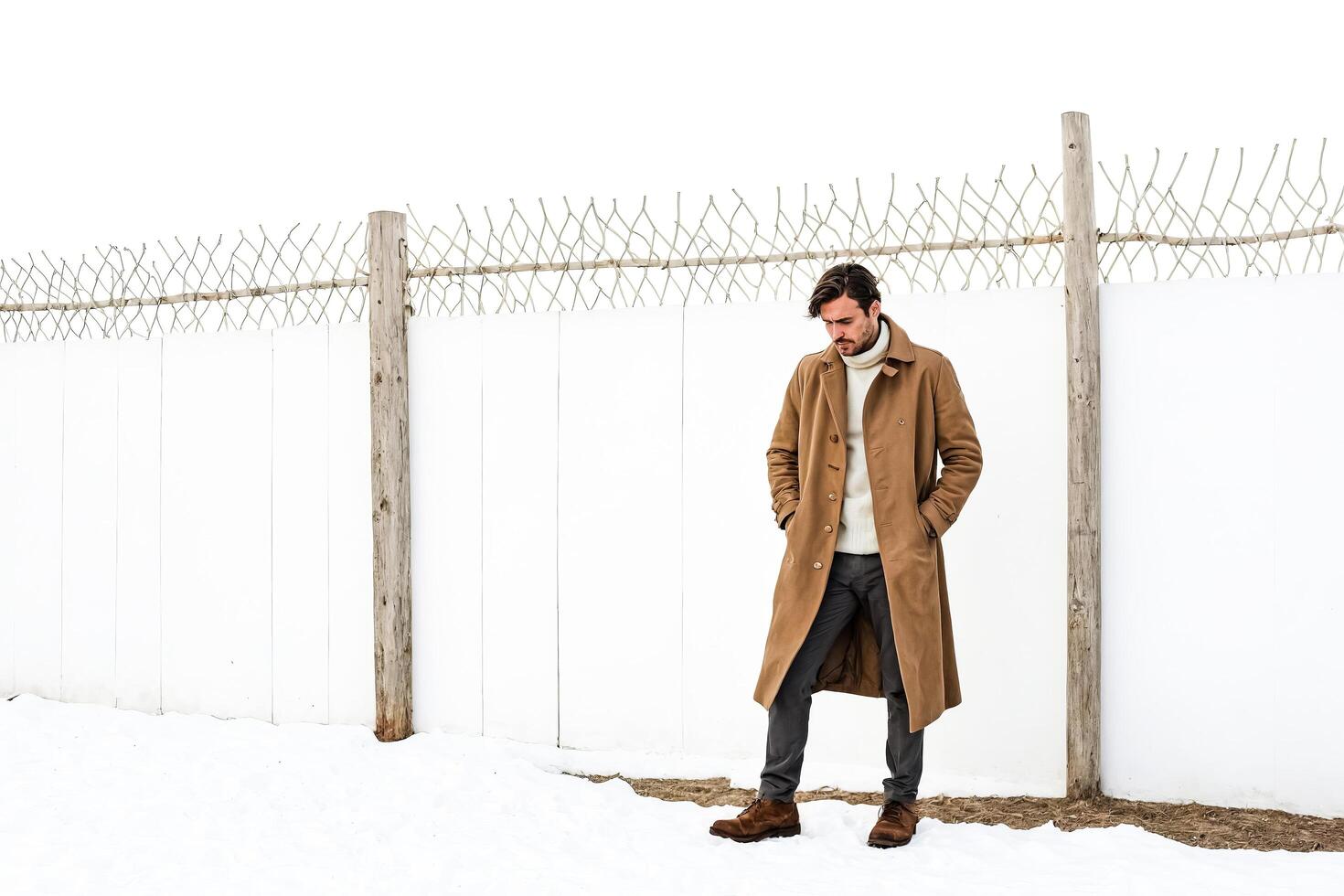 Man in Brown Coat Standing in Front of White Fence in Winter photo