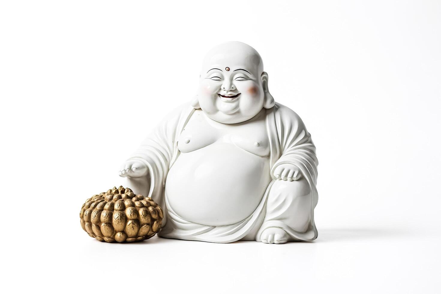 White Laughing Buddha Statue with Golden Fruit photo