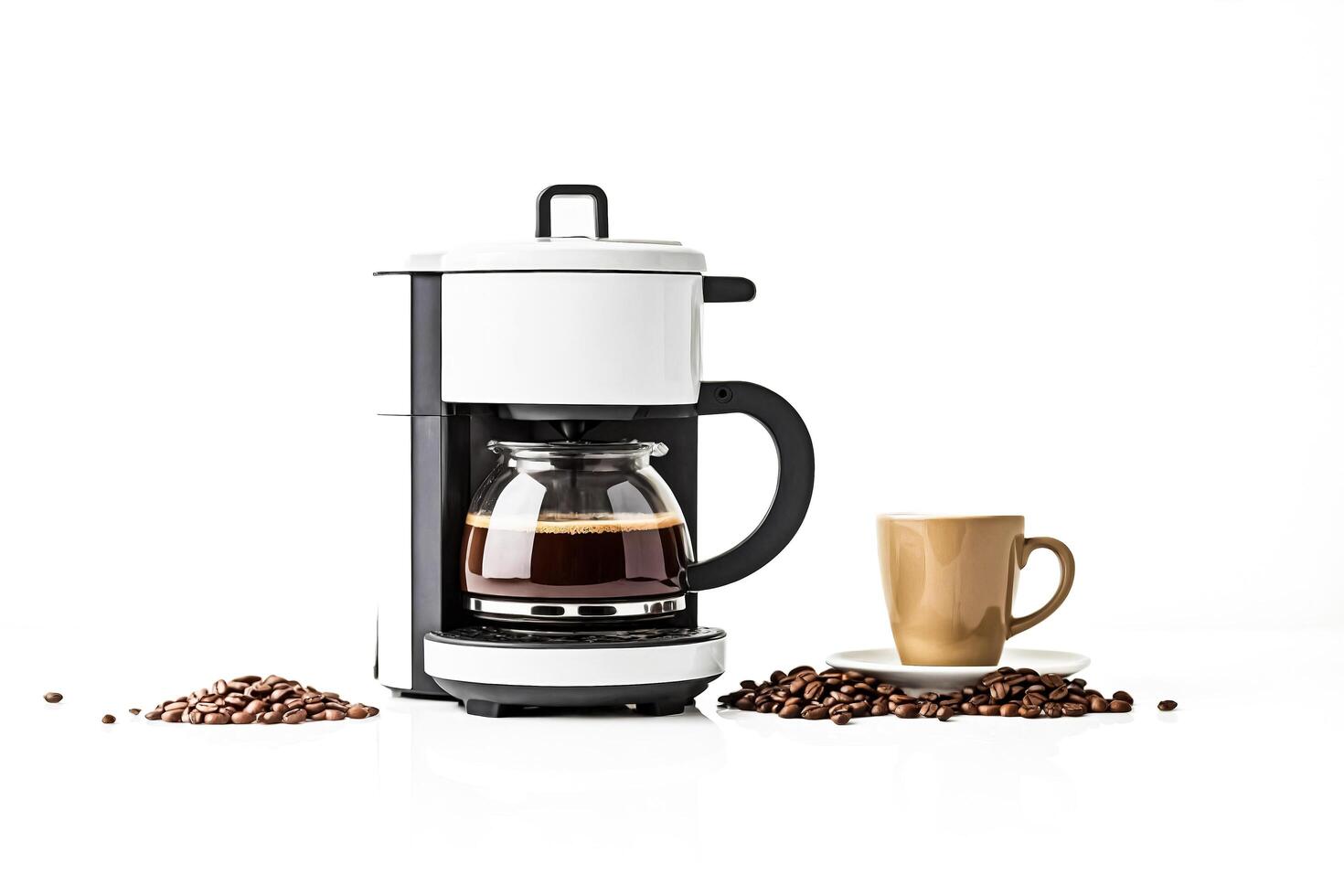 Coffee maker with cup of coffee and coffee beans photo