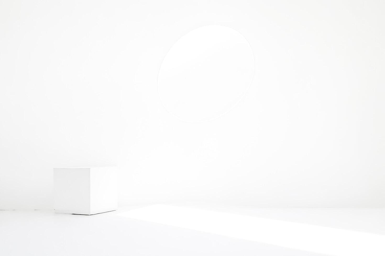 Minimalist White Room with Circular Window and Cube Platform photo