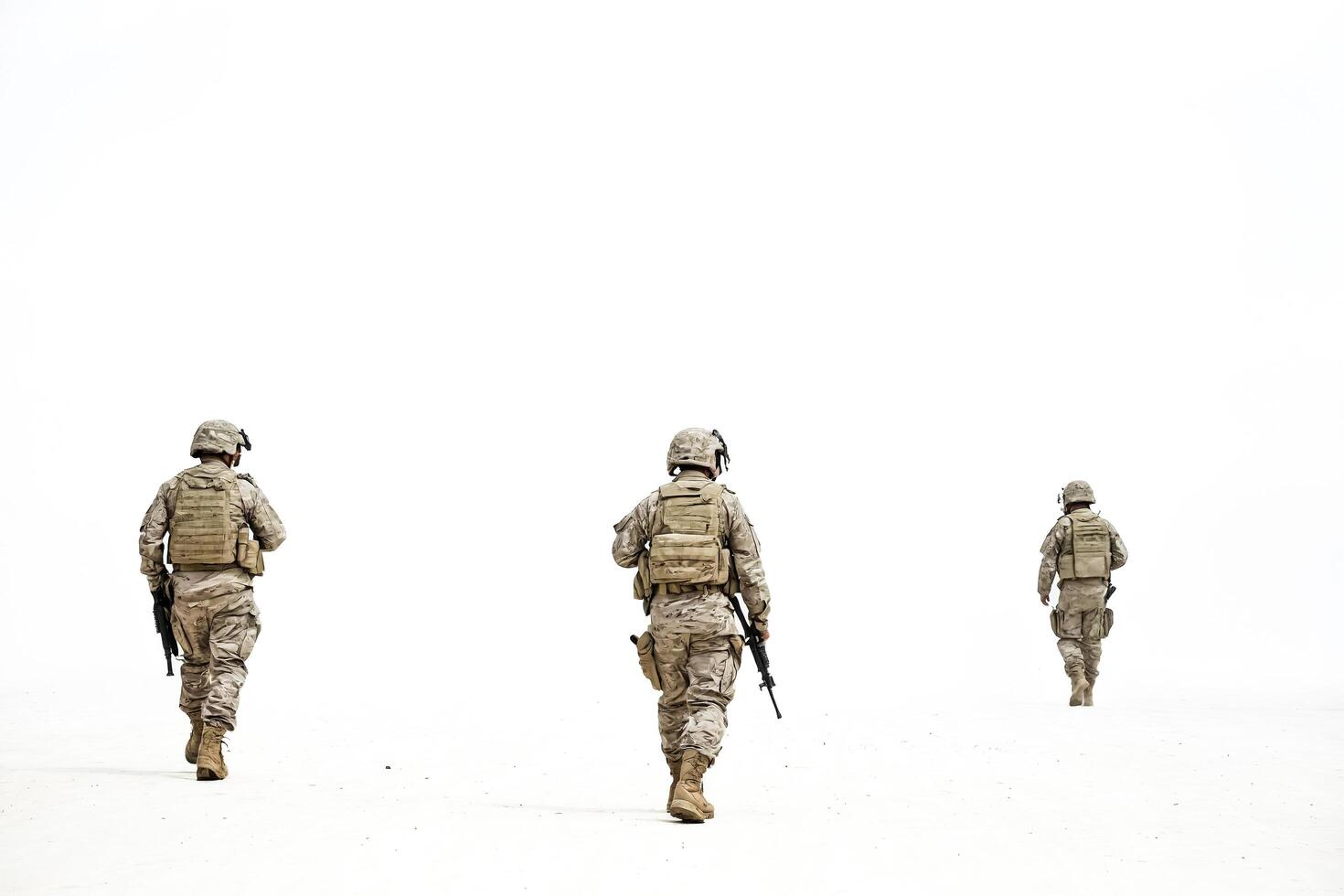 Three Soldiers Walking Away from the Camera on White Background photo