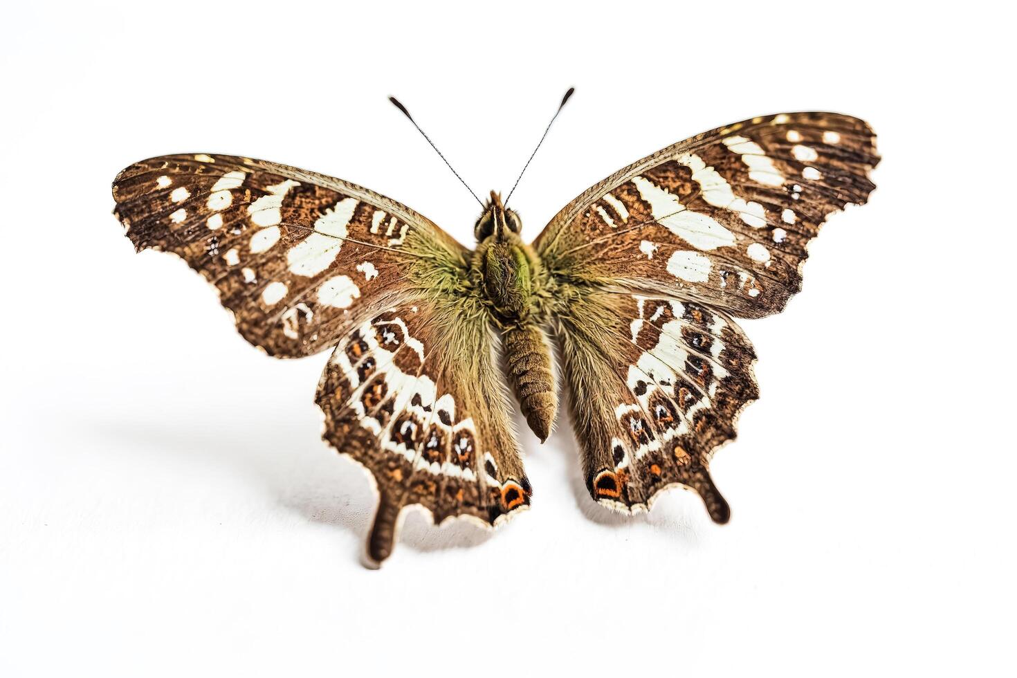 Brown Butterfly with White Spots on White Background photo