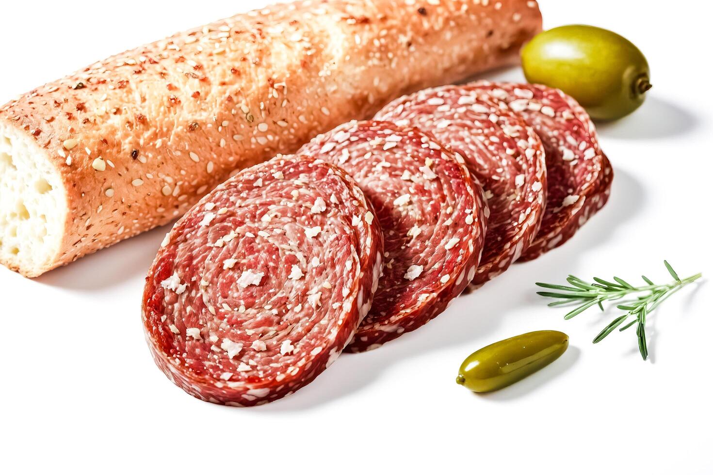 Closeup of Salami Slices, Bread, Olives and Rosemary photo
