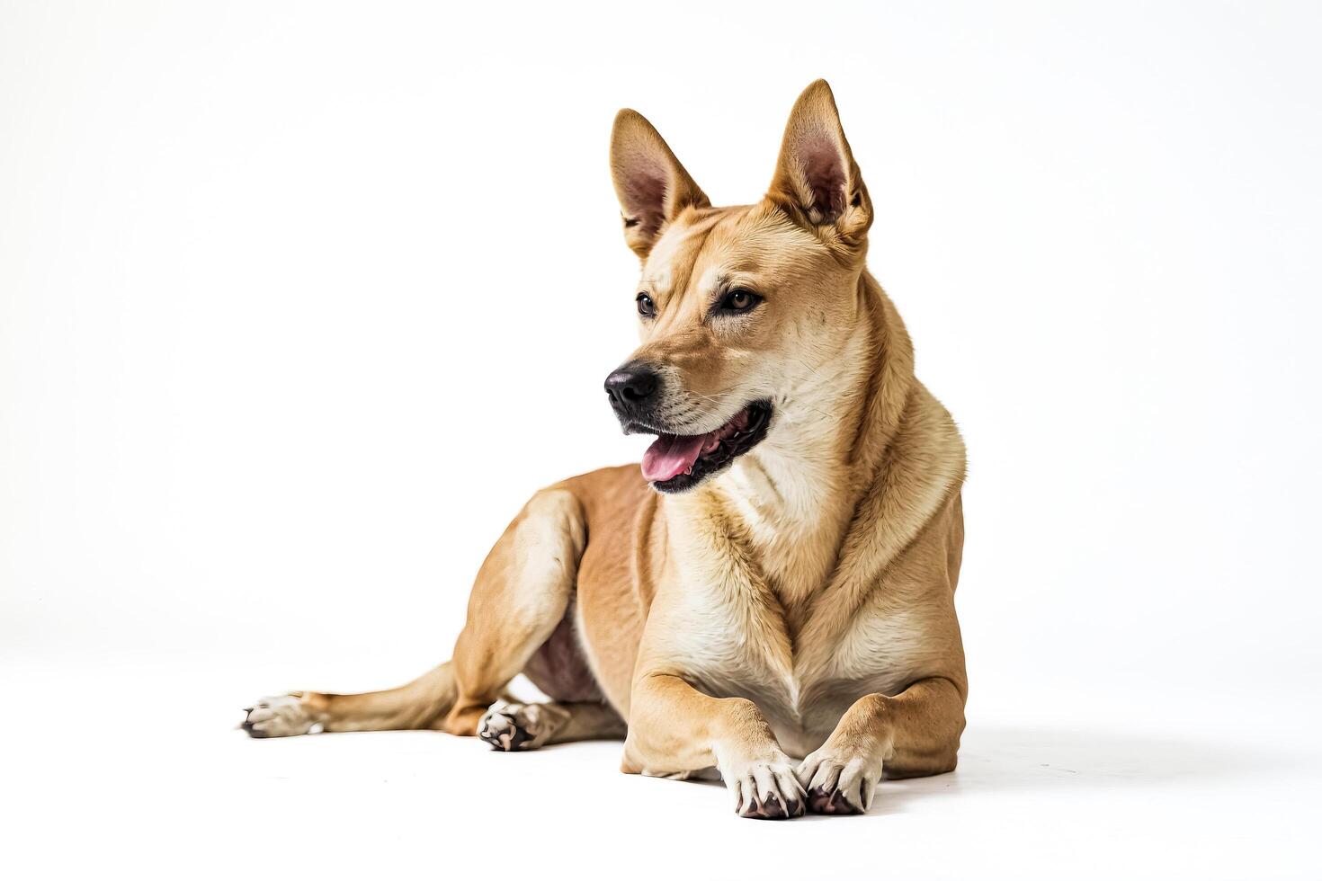 Adorable Tan Dog Relaxing on White Background photo