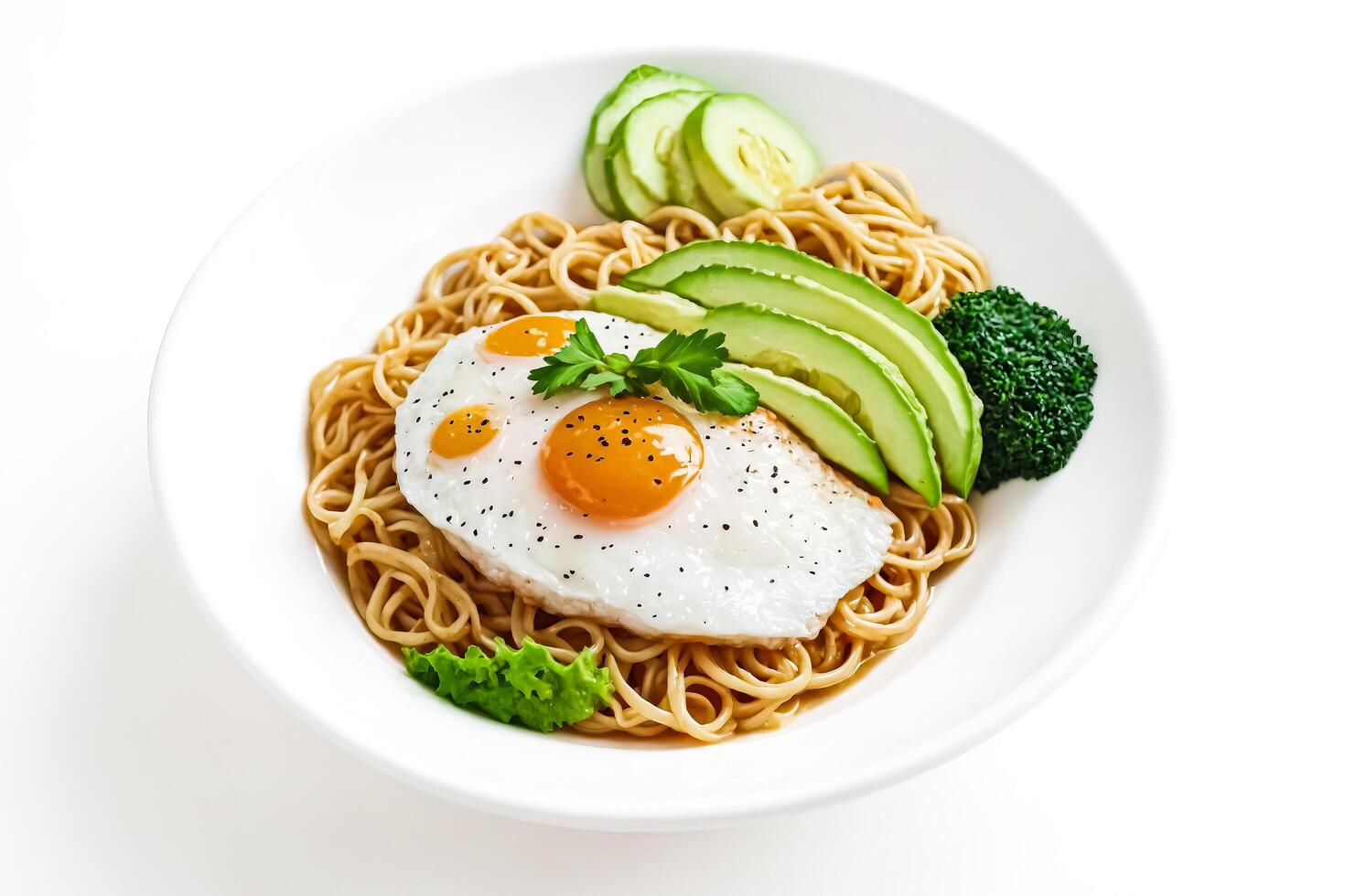 Closeup of a plate of noodles, egg, avocado, and broccoli photo