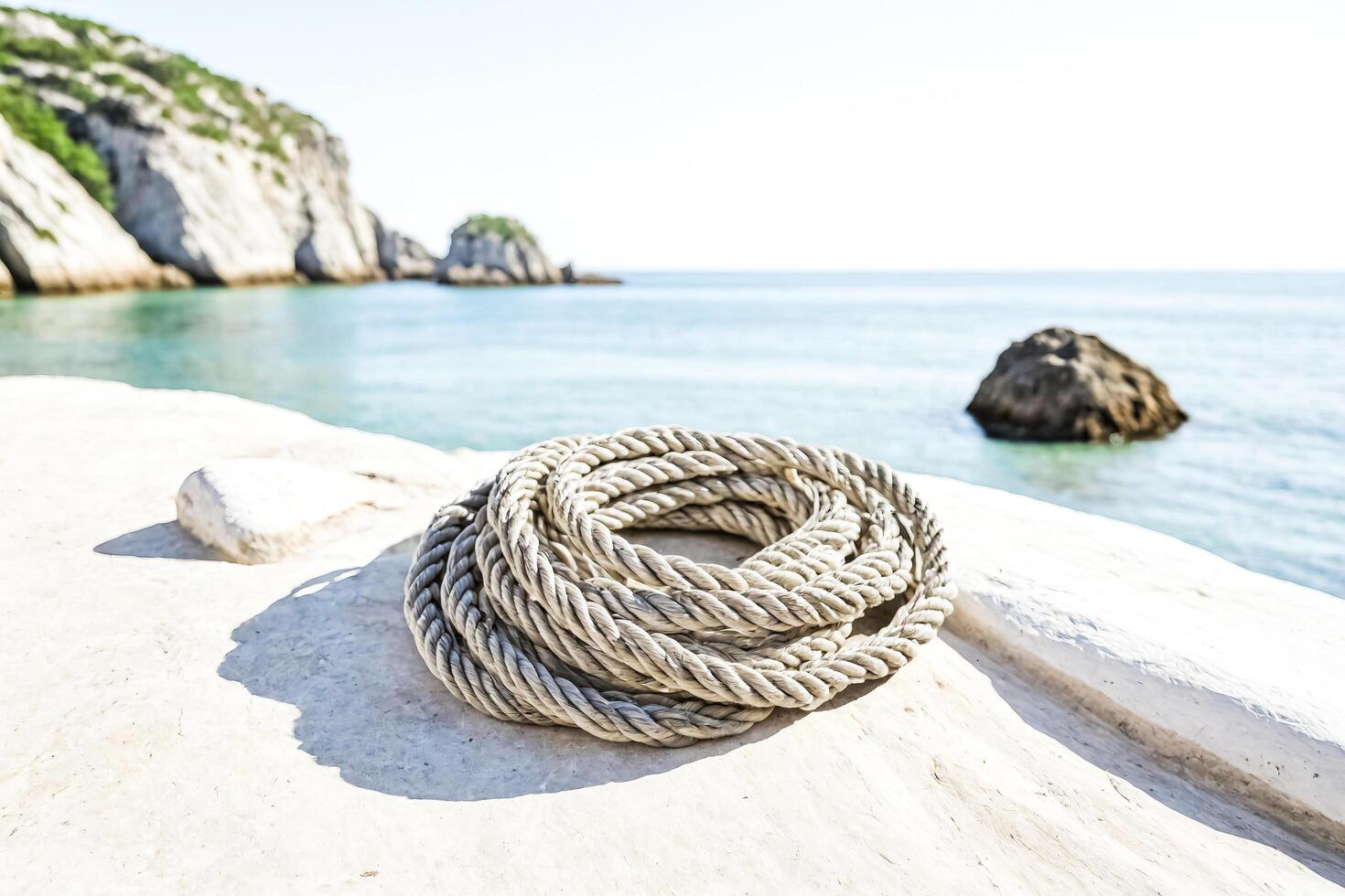 Rope on a White Rock with a Blurry Ocean Background photo