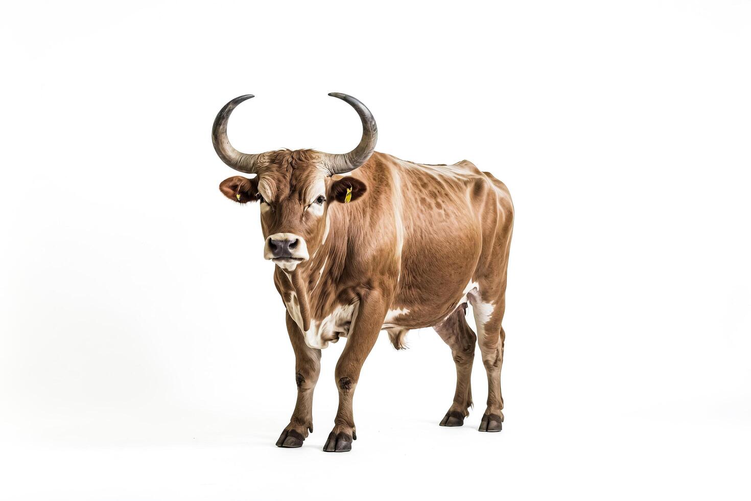 Brown and White Bull with Large Horns Standing on White Background photo