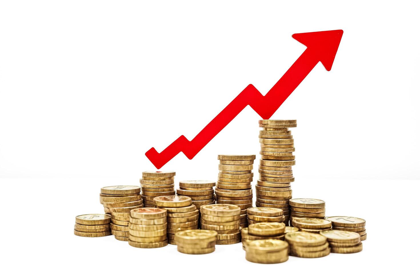 Red Arrow Pointing Up Above Stacks of Gold Coins photo