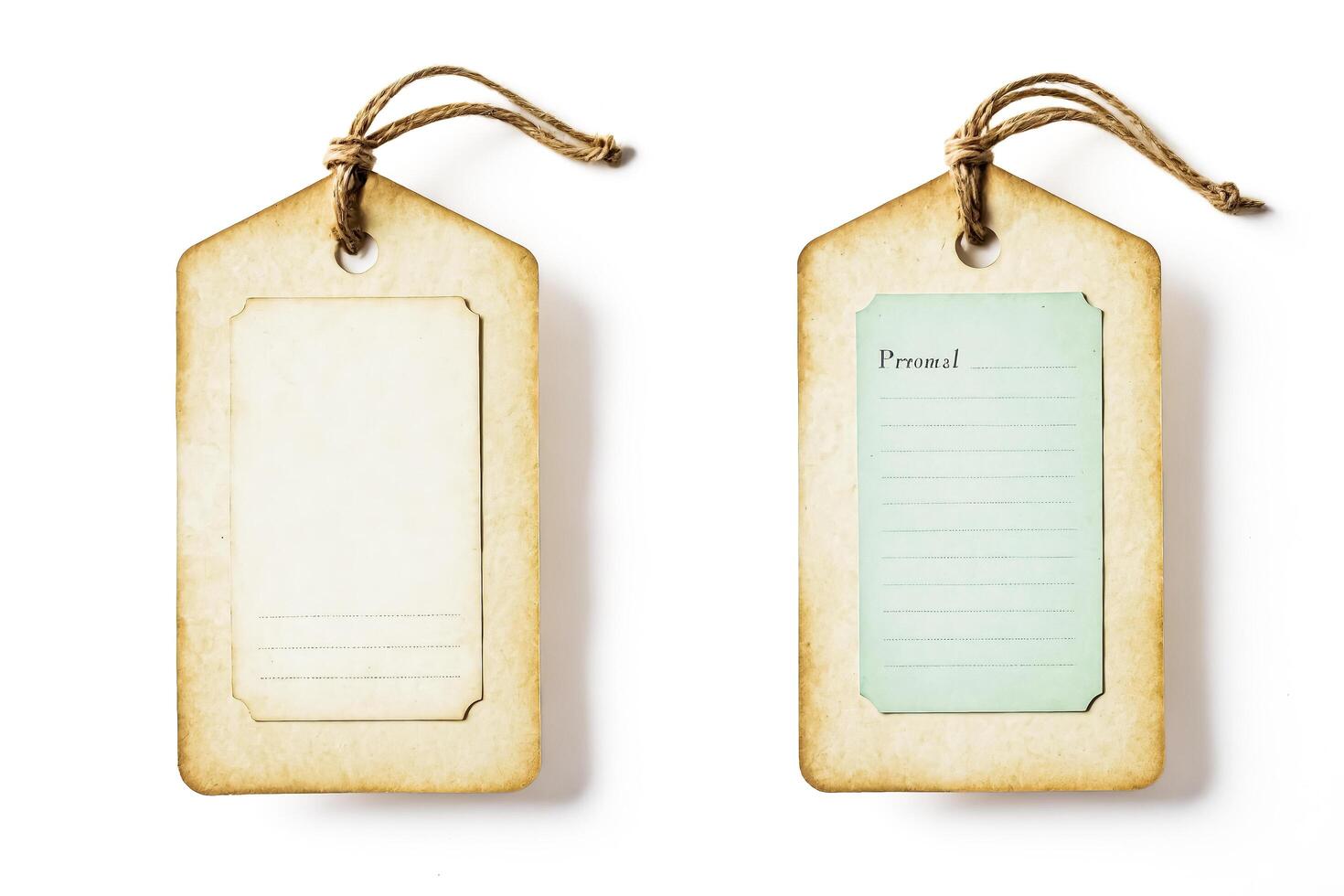 Vintage Paper Tags with Jute String Isolated on White Background photo