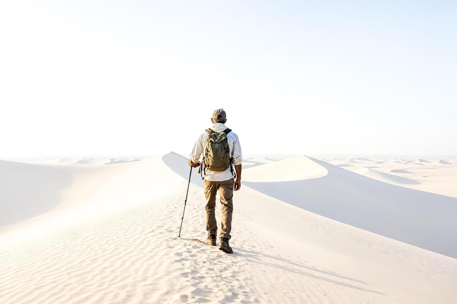 Man walking alone in a vast desert landscape photo