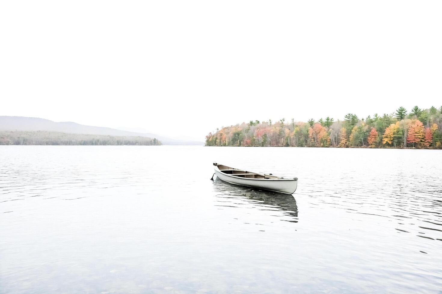 Single Canoe on a Tranquil Lake with Autumn Foliage photo
