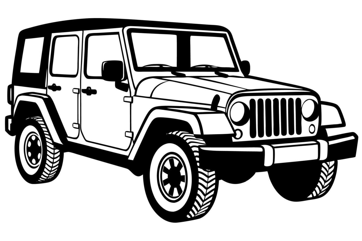 Jeep Wrangler Car Illustration Cartoons, Clipart, Line Art Design on White Background, Jeep Car Wrangler illustration on white background, perfect for cartoons, clipart, and line art vector