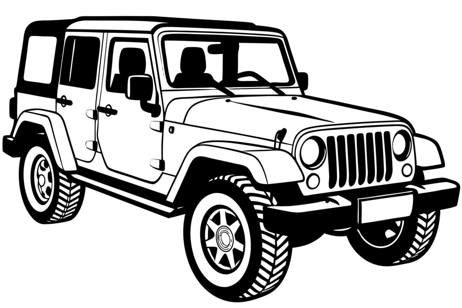 Jeep Wrangler Car Illustration Cartoons, Clipart, Line Art Design on White Background, Jeep Car Wrangler illustration on white background, perfect for cartoons, clipart, and line art vector
