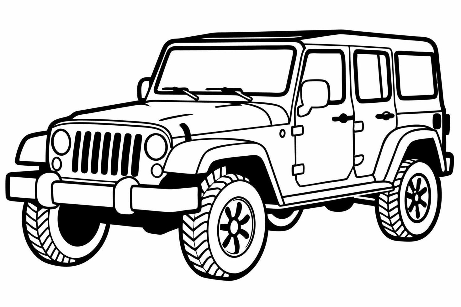 Jeep Wrangler Car Illustration Cartoons, Clipart, Line Art Design on White Background, Jeep Car Wrangler illustration on white background, perfect for cartoons, clipart, and line art vector
