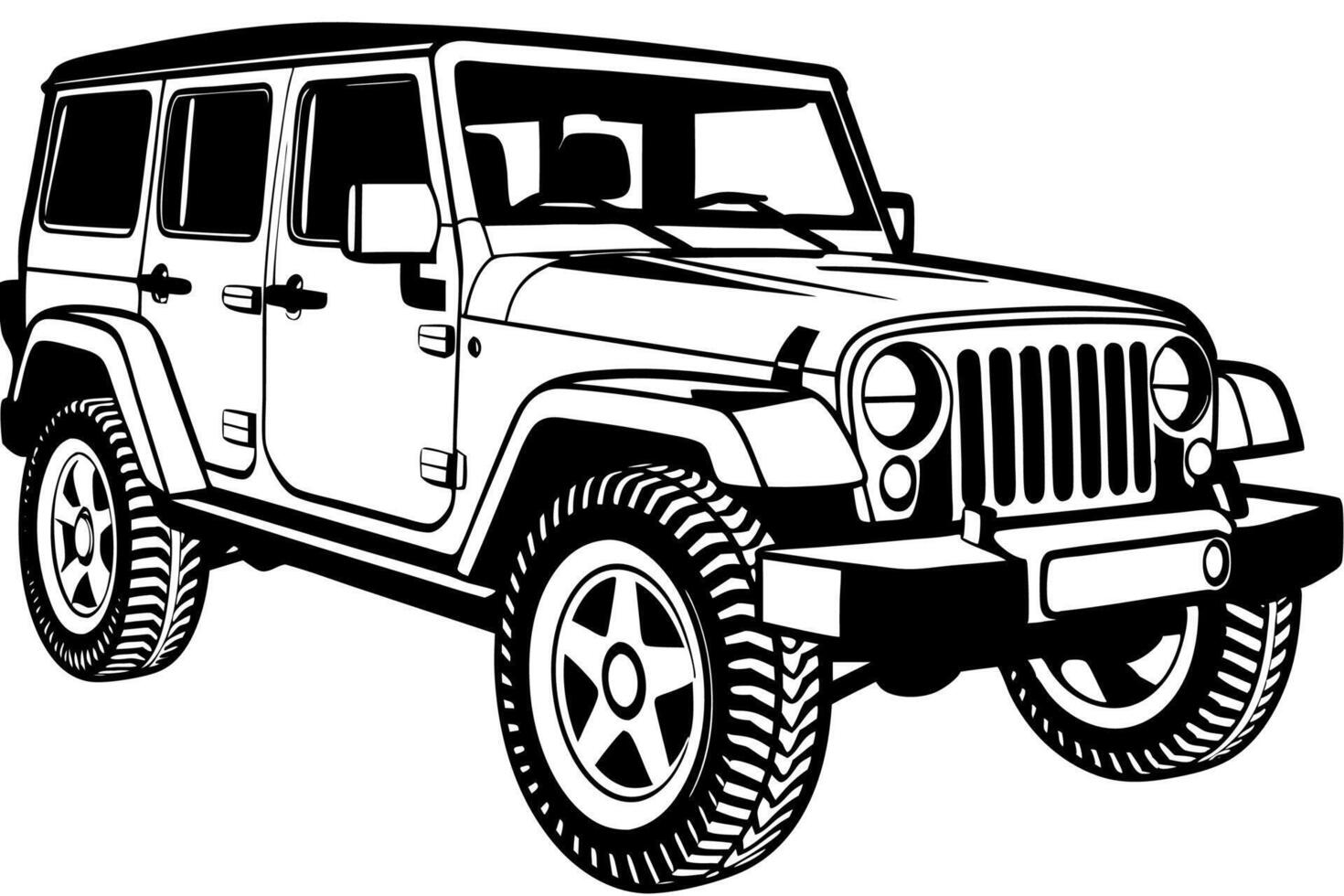 Jeep Wrangler Car Illustration Cartoons, Clipart, Line Art Design on White Background, Jeep Car Wrangler illustration on white background, perfect for cartoons, clipart, and line art vector