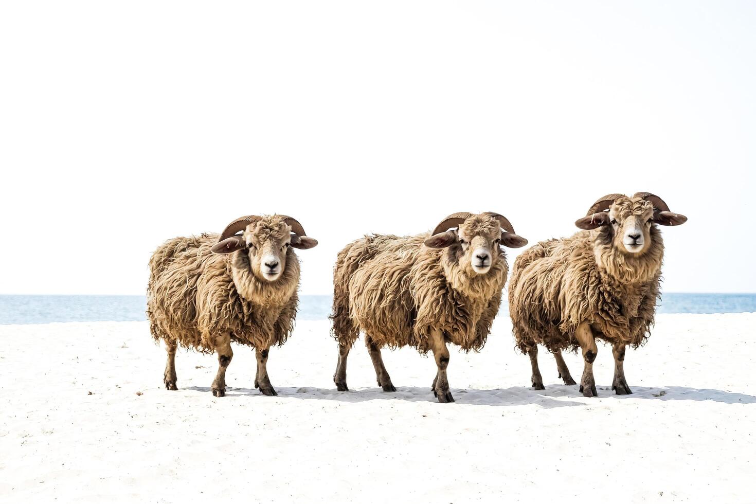 Three Sheep Standing on a Sandy Beach photo