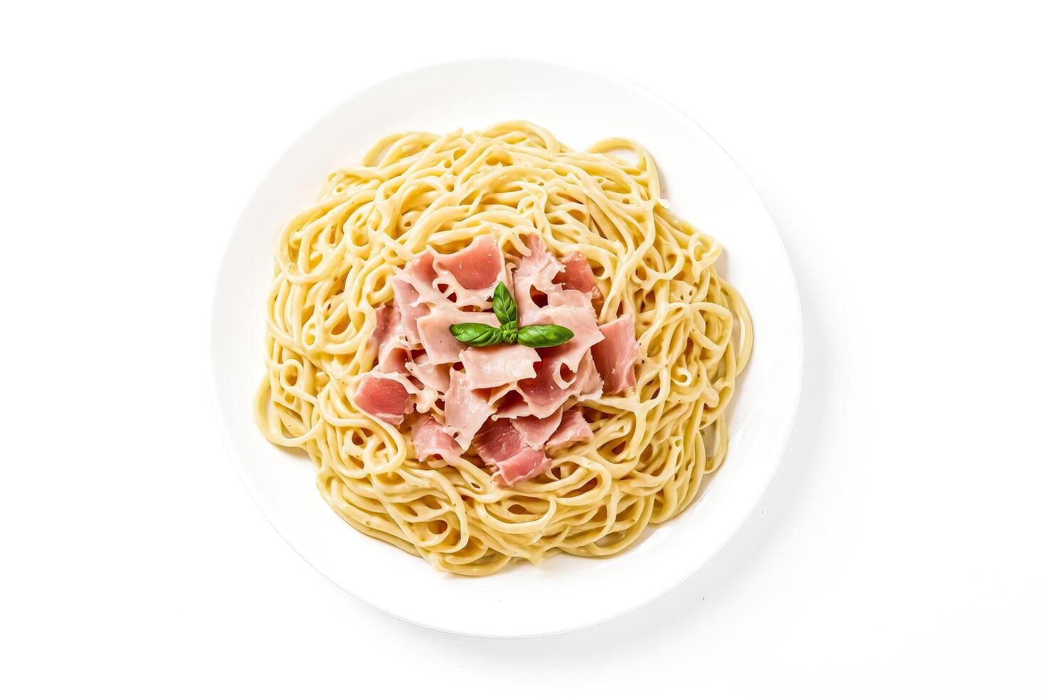 Spaghetti Carbonara with Ham and Basil on a White Plate photo
