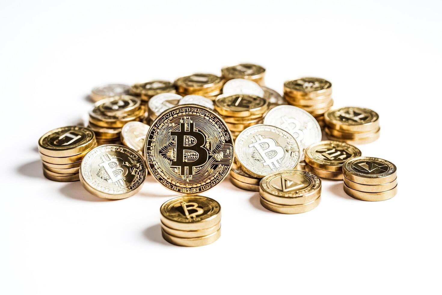 Bitcoin and Cryptocurrency Coins on White Background photo
