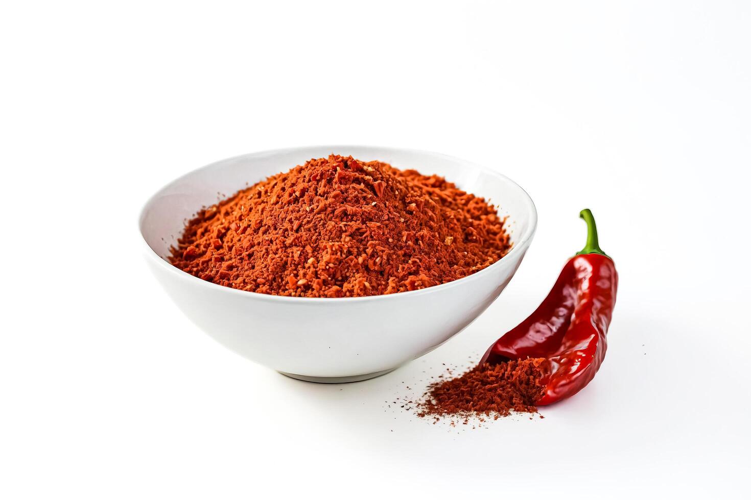 Red Chili Flakes in a White Bowl with a Red Pepper photo