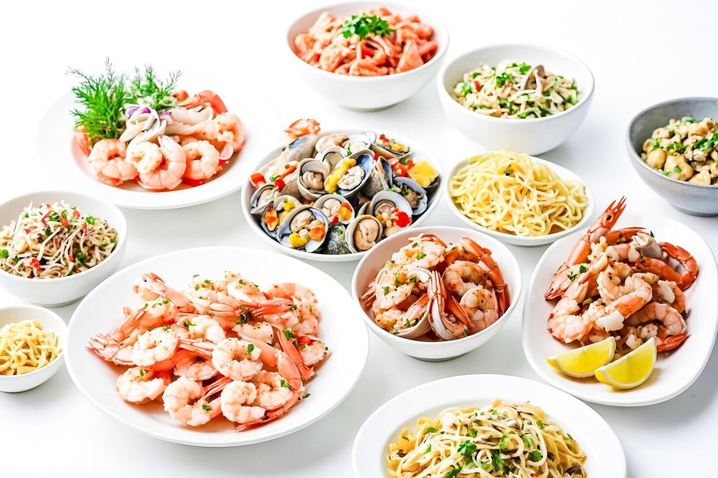 Assorted Seafood Dishes on a White Background photo