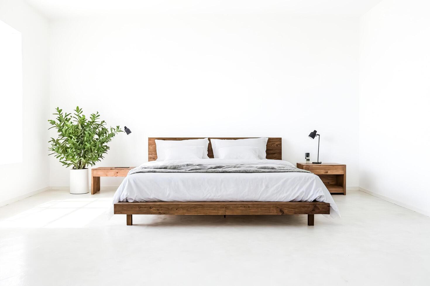 Minimalist Bedroom with Wooden Bed Frame photo