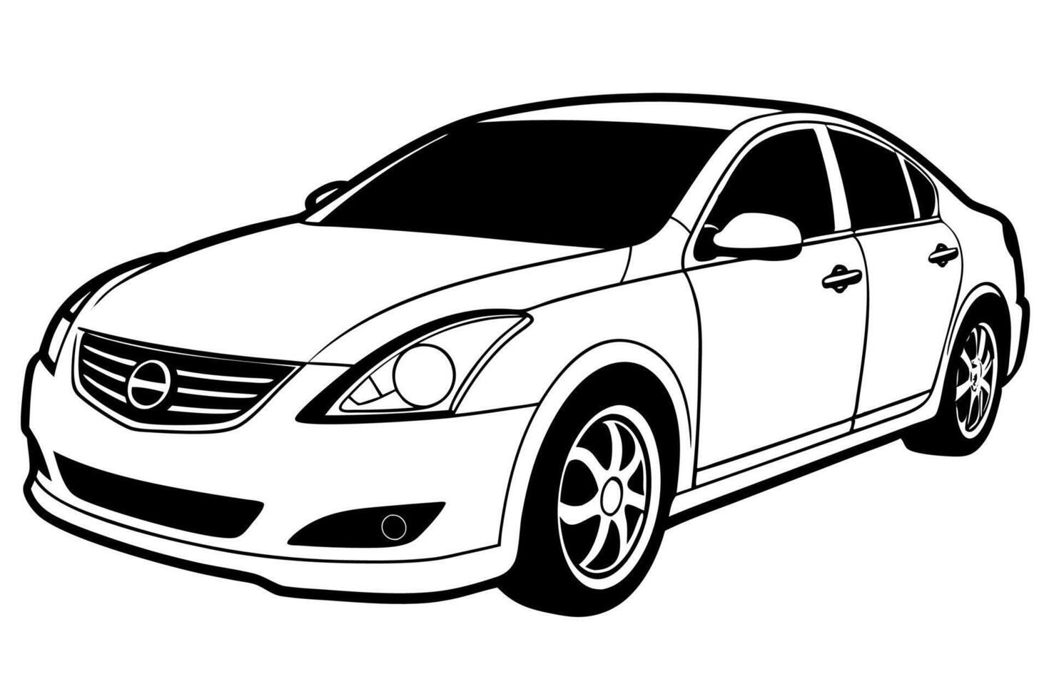 Nissan Altima Car Illustration White Background, Cartoons, Clipart, Line Art, Nissan Altima car illustration on white background, featuring cartoons, clipart, and line art vector