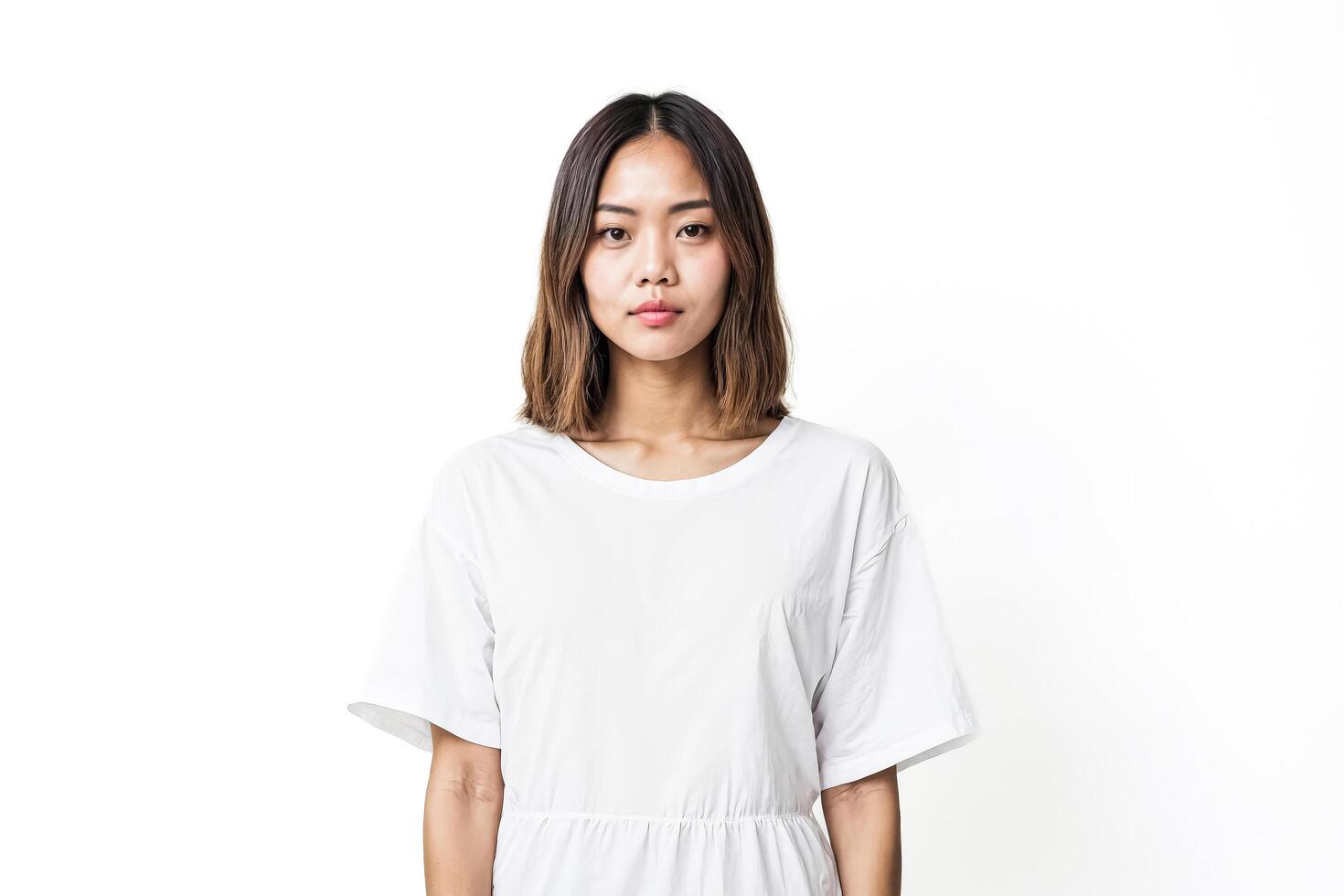 Young woman in a white t-shirt looking at the camera photo