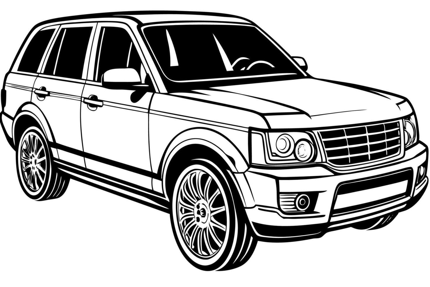 Range Rover Car Illustration White Background, Cartoon, Clipart, Line Art Design, Range Rover car illustration with a white background in cartoon, clipart, and line art style. vector