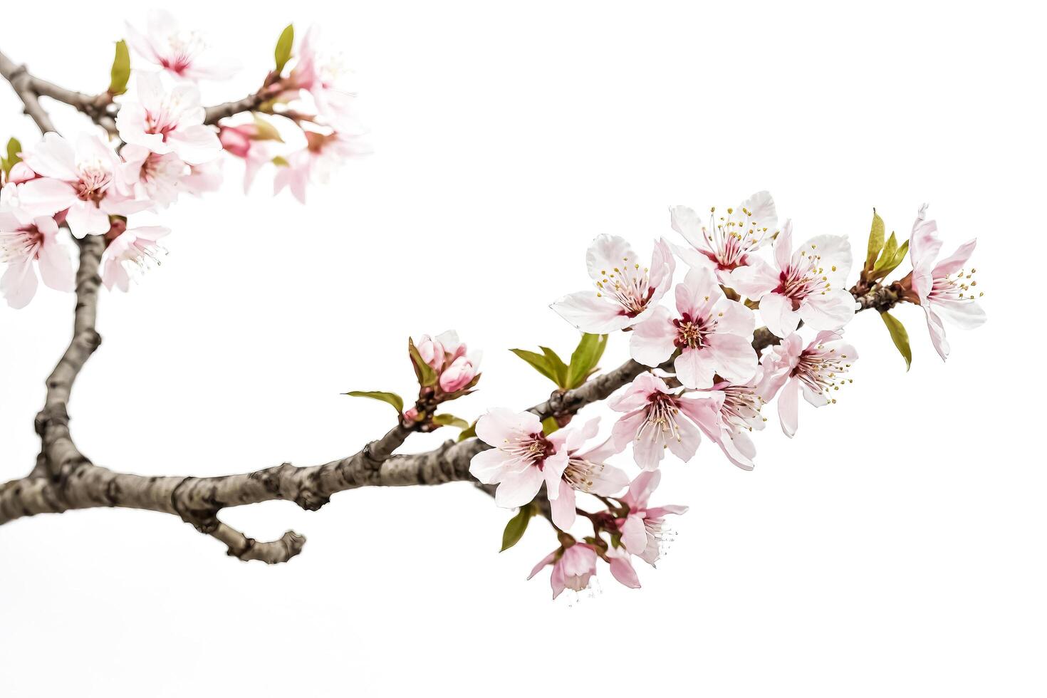 Delicate Pink Cherry Blossoms Branch Isolated on White Background photo